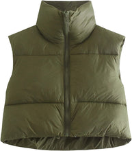 Load image into Gallery viewer, Women&#39;s Quilted Padded Army Green Cropped Puffer Vest