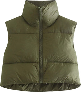 Women's Quilted Padded Army Green Cropped Puffer Vest