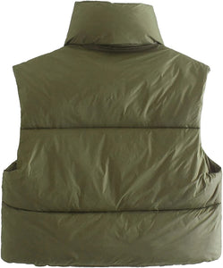 Women's Quilted Padded Army Green Cropped Puffer Vest