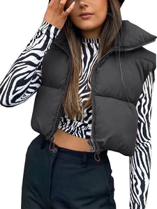 Women's Quilted Padded Black Cropped Puffer Vest