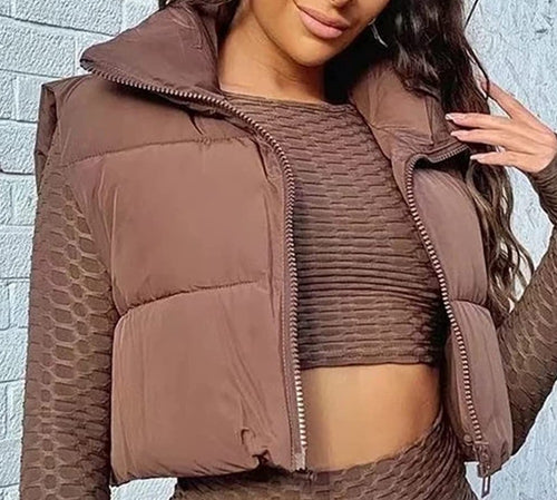 Women's Quilted Padded Brown Cropped Puffer Vest