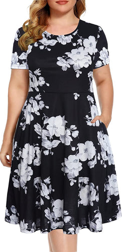 Plus Size Black Floral Round Neck Fall Dress