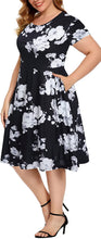 Load image into Gallery viewer, Plus Size Black Floral Round Neck Fall Dress