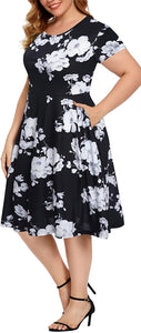 Plus Size Black Floral Round Neck Fall Dress