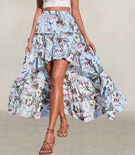 Load image into Gallery viewer, Red Boho Floral High Low Side Split Riffle Skirt
