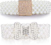 Load image into Gallery viewer, Rose Gold Square Buckle + Rhinestone Pearl Bow Set 2pcs Dress Crystal Rhinestone Belt