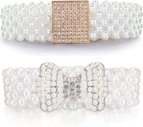 Rose Gold Square Buckle + Rhinestone Pearl Bow Set 2pcs Dress Crystal Rhinestone Belt