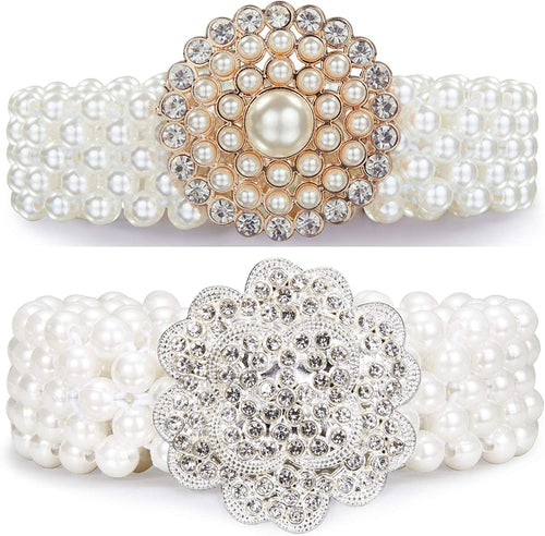 White Pearl Belt + Diamond Shining Buckle 2pcs Pearl Belts