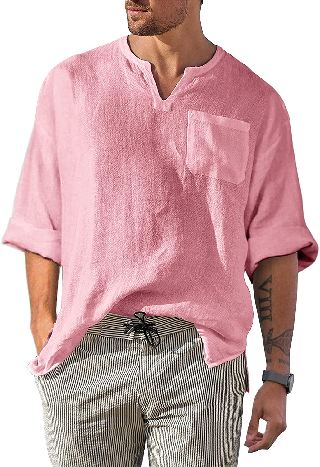 Men's Shirt Pink Casual Long Sleeve V Neck Tops