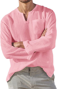 Men's Shirt Pink Casual Long Sleeve V Neck Tops