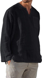 Men's Shirt Black Casual Long Sleeve V Neck Tops