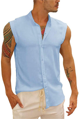 Blue Linen Men's Sleeveless Button Down Tank T-Shirt
