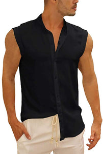 Black Linen Men's Sleeveless Button Down Tank T-Shirt