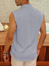 Load image into Gallery viewer, Blue Linen Men&#39;s Sleeveless Button Down Tank T-Shirt