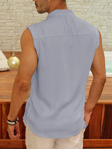 Blue Linen Men's Sleeveless Button Down Tank T-Shirt