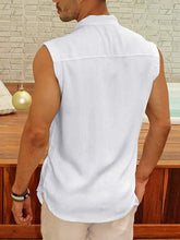 Load image into Gallery viewer, Black Linen Men&#39;s Sleeveless Button Down Tank T-Shirt