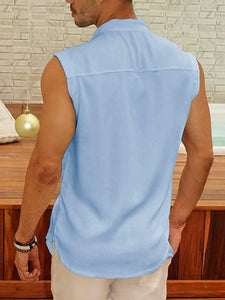 Blue Linen Men's Sleeveless Button Down Tank T-Shirt