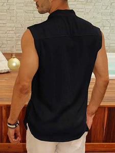 Black Linen Men's Sleeveless Button Down Tank T-Shirt