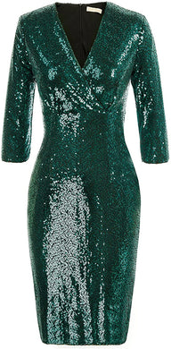 Holiday Sequin Wrap 3/4 Sleeve Hunter Green Glitter Dress