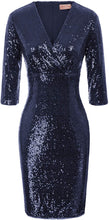 Load image into Gallery viewer, Holiday Sequin Wrap 3/4 Sleeve Hunter Green Glitter Dress
