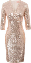 Load image into Gallery viewer, Holiday Sequin Wrap 3/4 Sleeve Hunter Green Glitter Dress