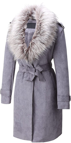 Faux Suede Long Gray Jacket Outwear Trench Coat