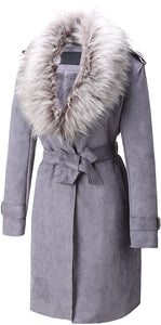 Faux Suede Long Gray Jacket Outwear Trench Coat Cardigan
