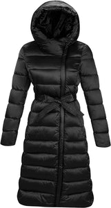 Black Quilted Hooded Long Women's Puffer Jacket