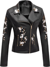 Load image into Gallery viewer, Floral Black Faux Leather Casual Fall &amp; Winter Jacket