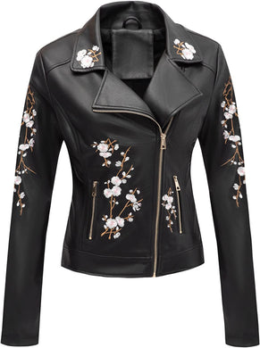 Floral Black Faux Leather Casual Fall & Winter Jacket