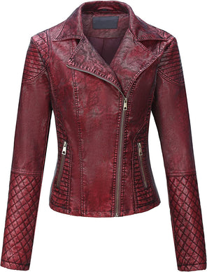 Red Retro Faux Leather Zipper Lapel Winter Jacket
