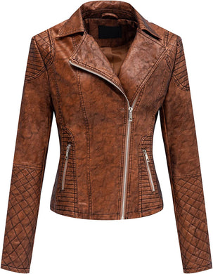Brown Retro Faux Leather Zipper Lapel Winter Jacket