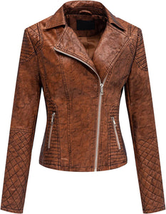Brown Retro Faux Leather Zipper Lapel Winter Jacket