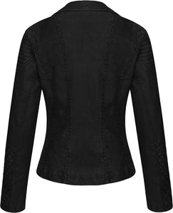 Black Retro Faux Leather Zipper Lapel Winter Jacket