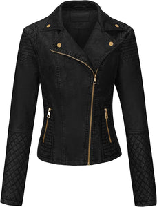 Black Retro Faux Leather Zipper Lapel Winter Jacket