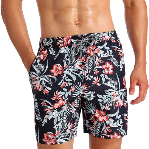 Men's Mesh Lining Quick Dry Beach Black Flowers Short