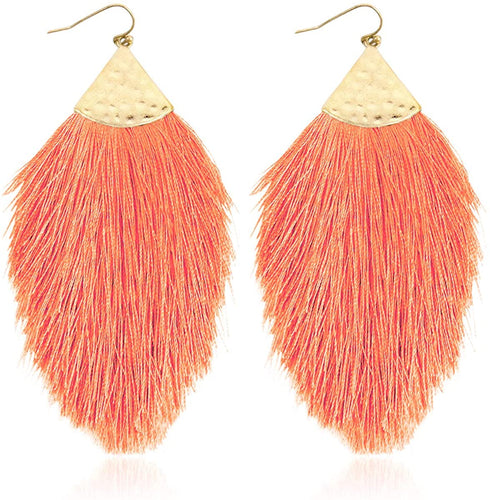 Dark Salmon Bohemian Silky Thread Feather Fringe Tassel Statement Earrings