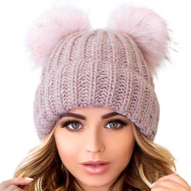 Soft Pink Cable Knit Winter Warm Women's Fur Pom Pom Hat