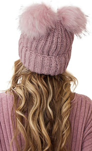 Soft Pink Cable Knit Winter Warm Women's Fur Pom Pom Hat