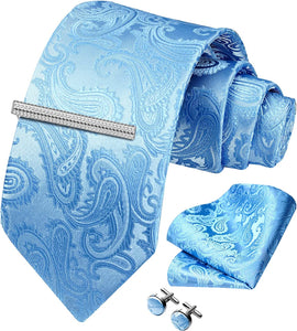 Men's Paisley Light Blue Formal Cufflink Tie Clip Set
