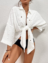 Load image into Gallery viewer, Swiss Dot White Button Down Swimsuit Cover Up