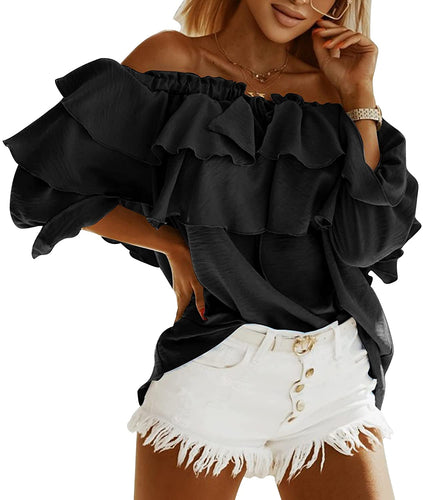 Black Off Shoulder Ruffle Long Sleeve Layered Top