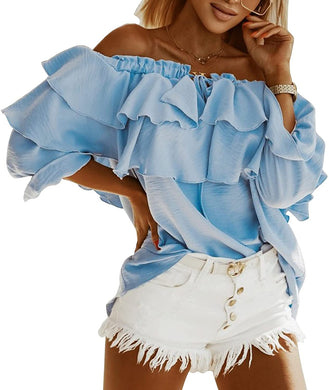 Blue Off Shoulder Ruffle Long Sleeve Layered Top