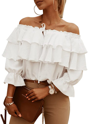 White Off Shoulder Ruffle Long Sleeve Layered Top