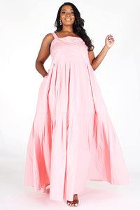 Plus Size Pink Strappy Square Neckline Dress With Side Pockets
