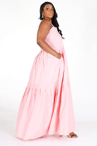 Plus Size Pink Strappy Square Neckline Dress With Side Pockets