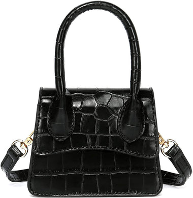 Trendy Black Croc Tiny Handbag with Curved Flap cover