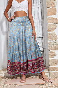 Blue Floral Elastic High Waisted A-Line Maxi Skirt