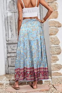 Blue Floral Elastic High Waisted A-Line Maxi Skirt