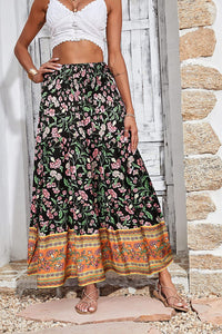 Black Floral Elastic High Waisted A-Line Maxi Skirt